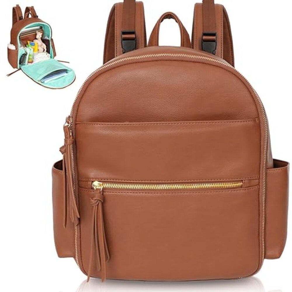 NWT! Midsize Brown Faux Leather Backpack Baby Bag Tote w/Luggage Strap & Tassels